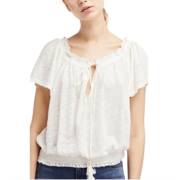 WE THE FREE Hummingbird Tee Linen Cotton Ivory Peasant Style Blouse Size Small - Picture 1 of 9